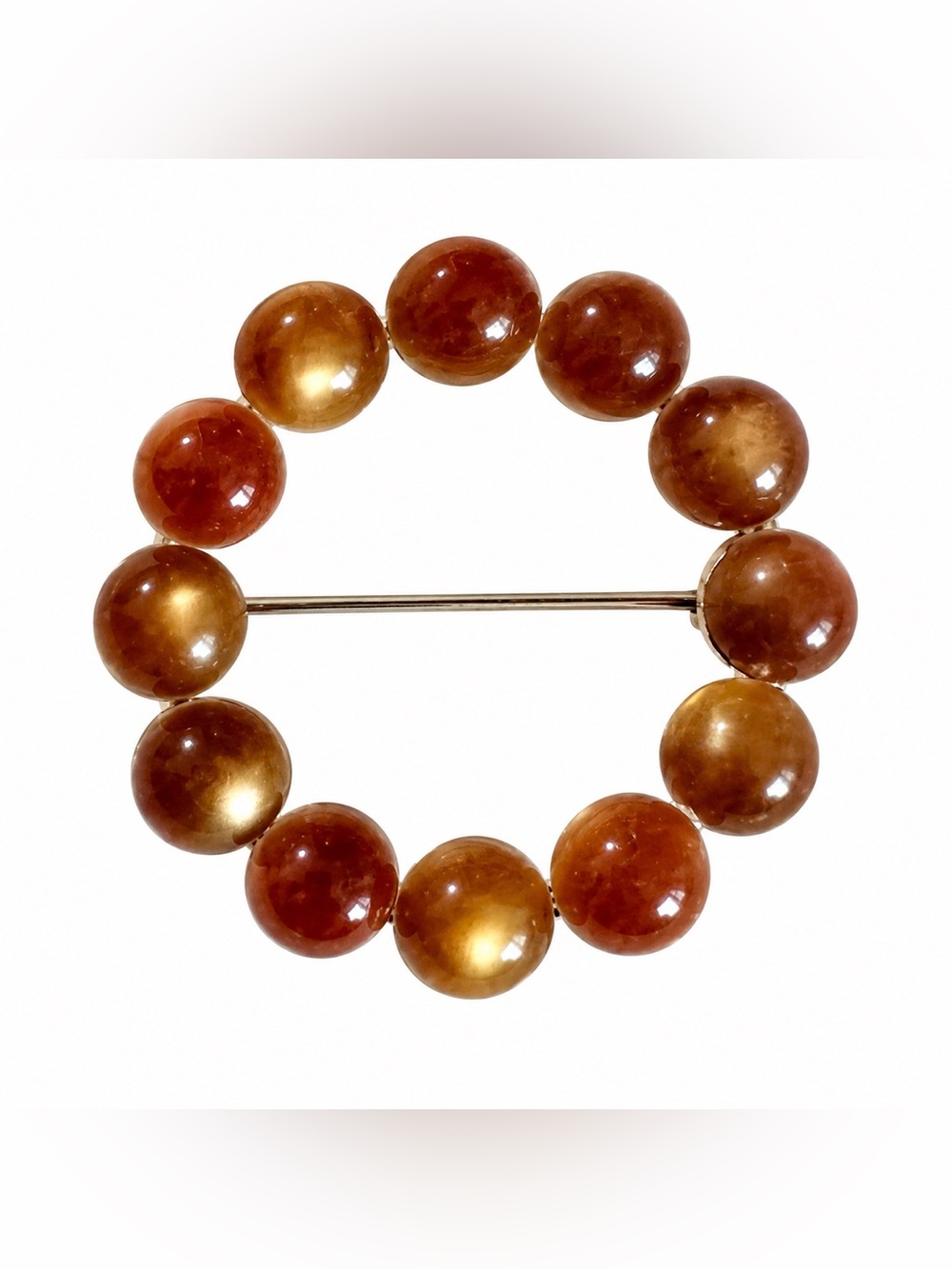 Amber Brown Beaded Circle Wreath Brooch Pin 1.5"